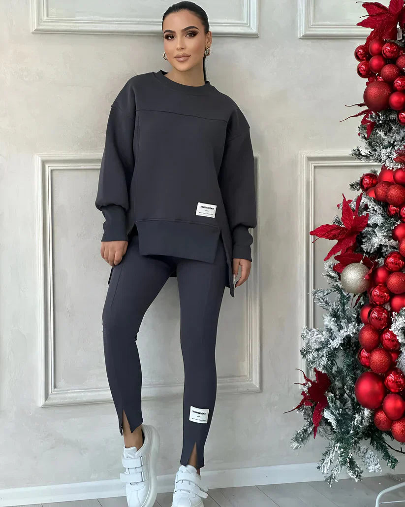 Damen Trainingsanzug Zweiteilig - Oversized Sweatshirt und Leggings - Bequemer Lounge-Look - Schwarz - Elastisches Material