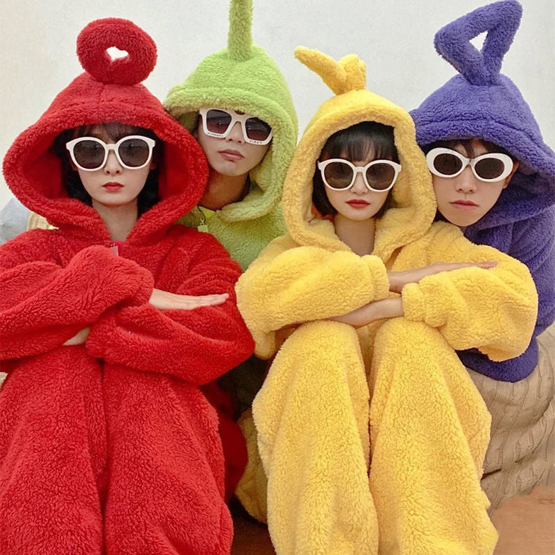 Unisex Kostüm Onesie - Flauschige Teletubby Cosplay Pyjama, Erwachsene & Kinder, verschiedene Farben