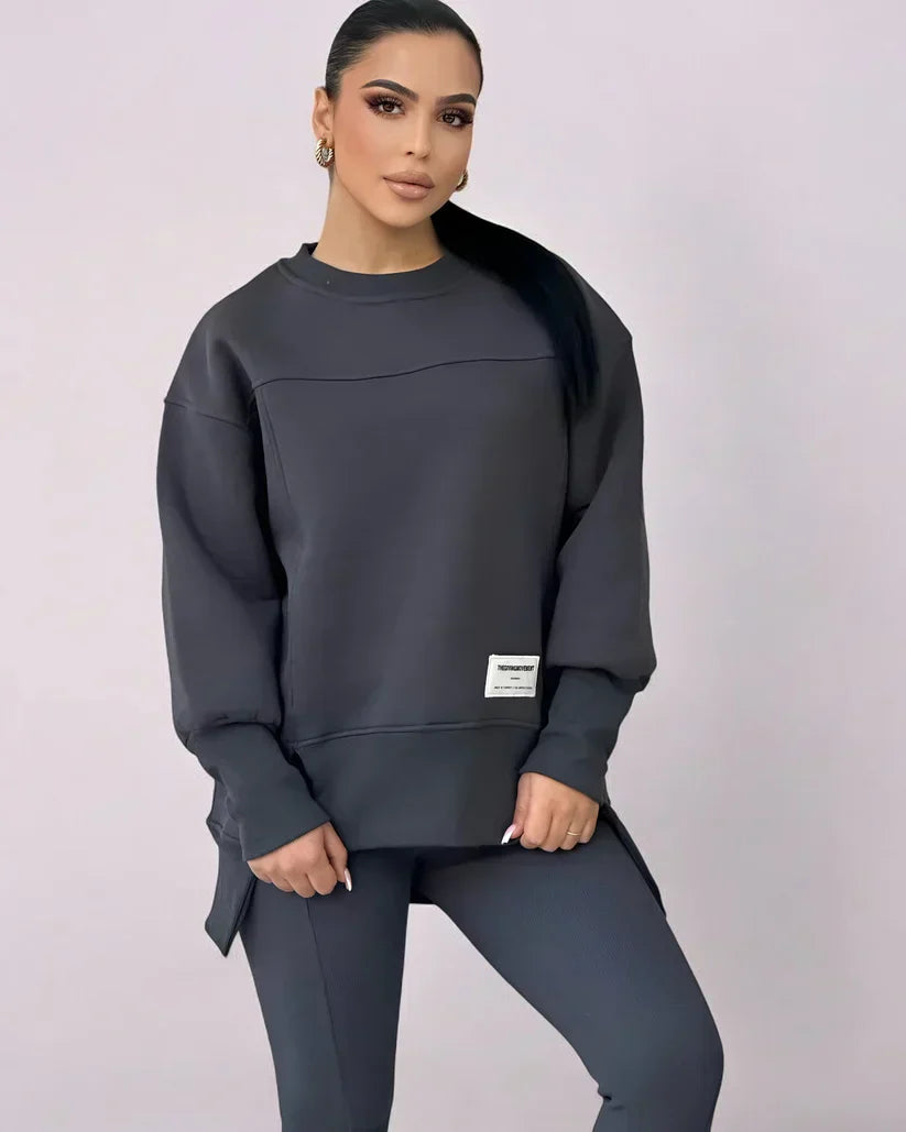 Damen Trainingsanzug Zweiteilig - Oversized Sweatshirt und Leggings - Bequemer Lounge-Look - Schwarz - Elastisches Material