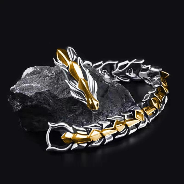 DragonSpiral - Drachenarmband aus Edelstahl, symbolisiert Stärke und Mut, handgefertigt, verstellbare Passform, unisex, ideal für jeden Anlass.