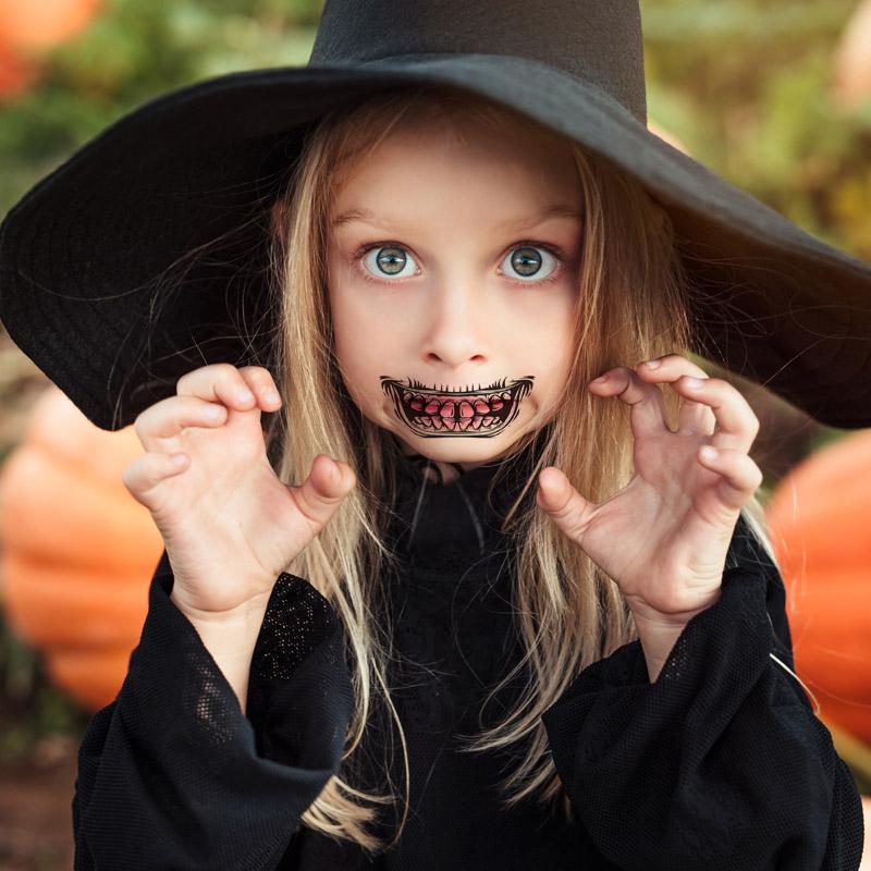 Halloween Gesichtstattoos - Gruselige Munddesigns für Kinder - Temporäre Wasserdicht Tattoos - Ideal für Kostümpartys und Halloween Feiern