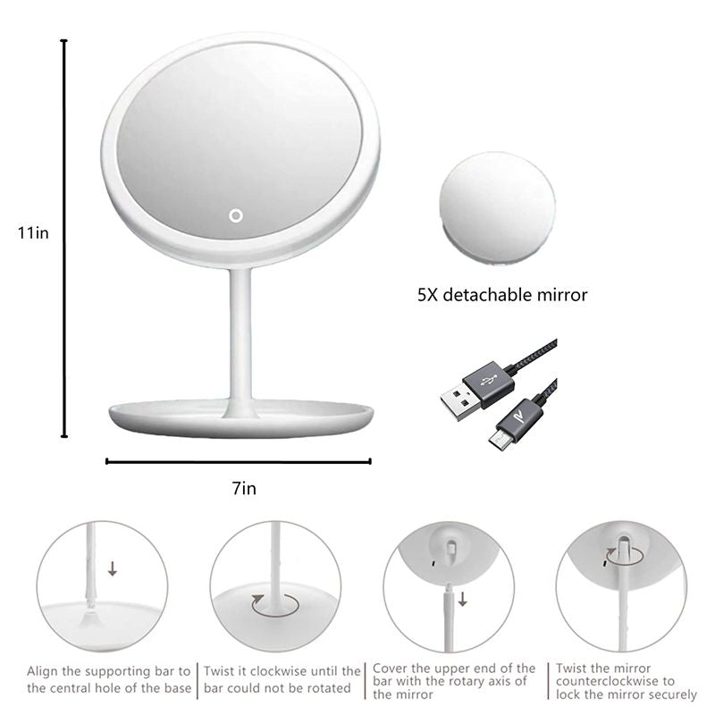 LED-Schminkspiegel mit 3 Lichtmodi - Touchscreen, USB Wiederaufladbar - Vergrößerung für Präzises Make-up